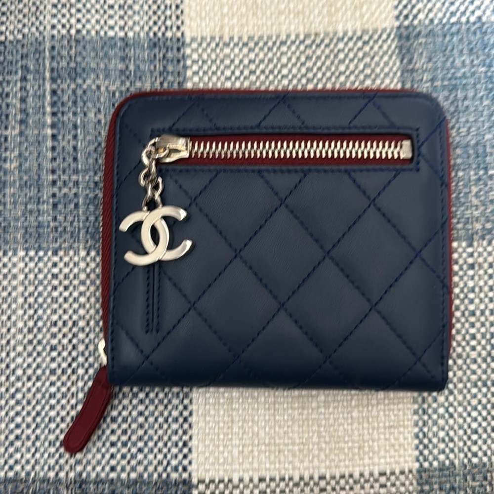 Chanel Blue Bicolor Quilted Maroon Trim Compact Zip Around Wallet